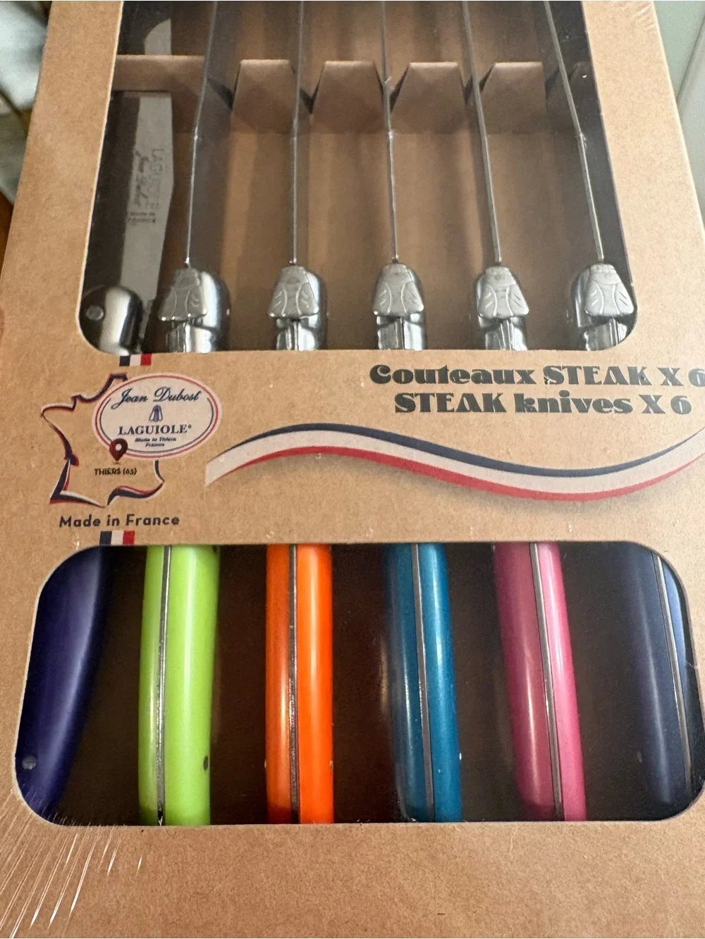 Jean Dubost Laguiole Steak Knives Set of 6 Multicolor France NWT